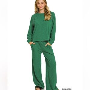 Zenana Slub Long Sleeve Top & Pants Lounge Set – Dark Green